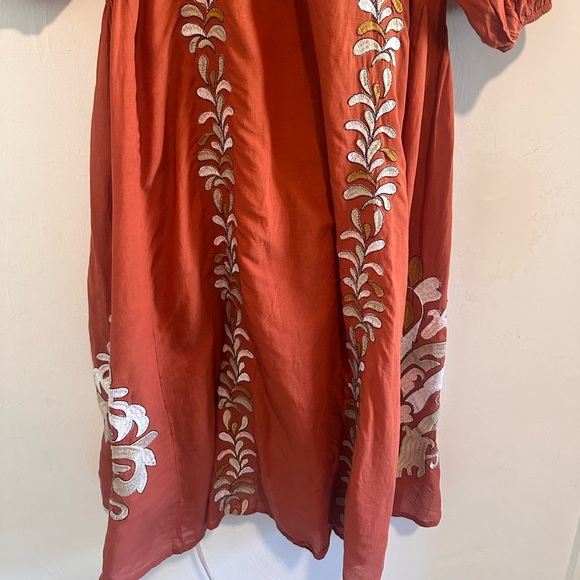Anthropologie Boho Embroidered Rust Midi Dress | Puff Sleeve Ethnic Folk Style M - Picture 5 of 9